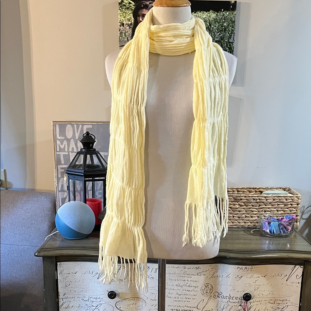LONG RUCHED FRINGED ACRYLIC SCARF CREAM WHITE UNISEX